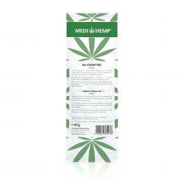MEDIHEMP Bio Hanftee Felina, 40g, weiße Verpackung mit grünen Hanfblättern auf weißen Hintergrund