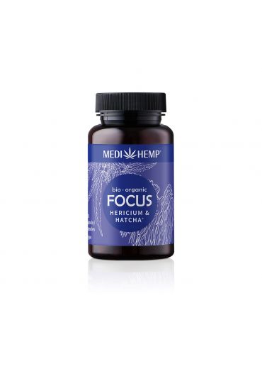 MEDIHEMP Focus Hericium-Hatcha Kapseln, 120 Stk., braune Dose mit dunkelblauen Etikett