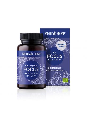 MEDIHEMP Focus Hericium-Hatcha Kapseln, 120 Stk., braune Dose mit dunkelblauen Etikett