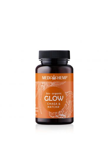 MEDIHEMP Glow Chaga-Hatcha capsules, 120 pcs, brown tin with orange label next to orange box