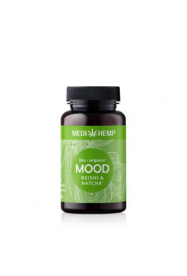 MEDIHEMP Mood Reishi-Hatcha capsules, 120 pcs., brown tin with grass-green label next to grass-green box
